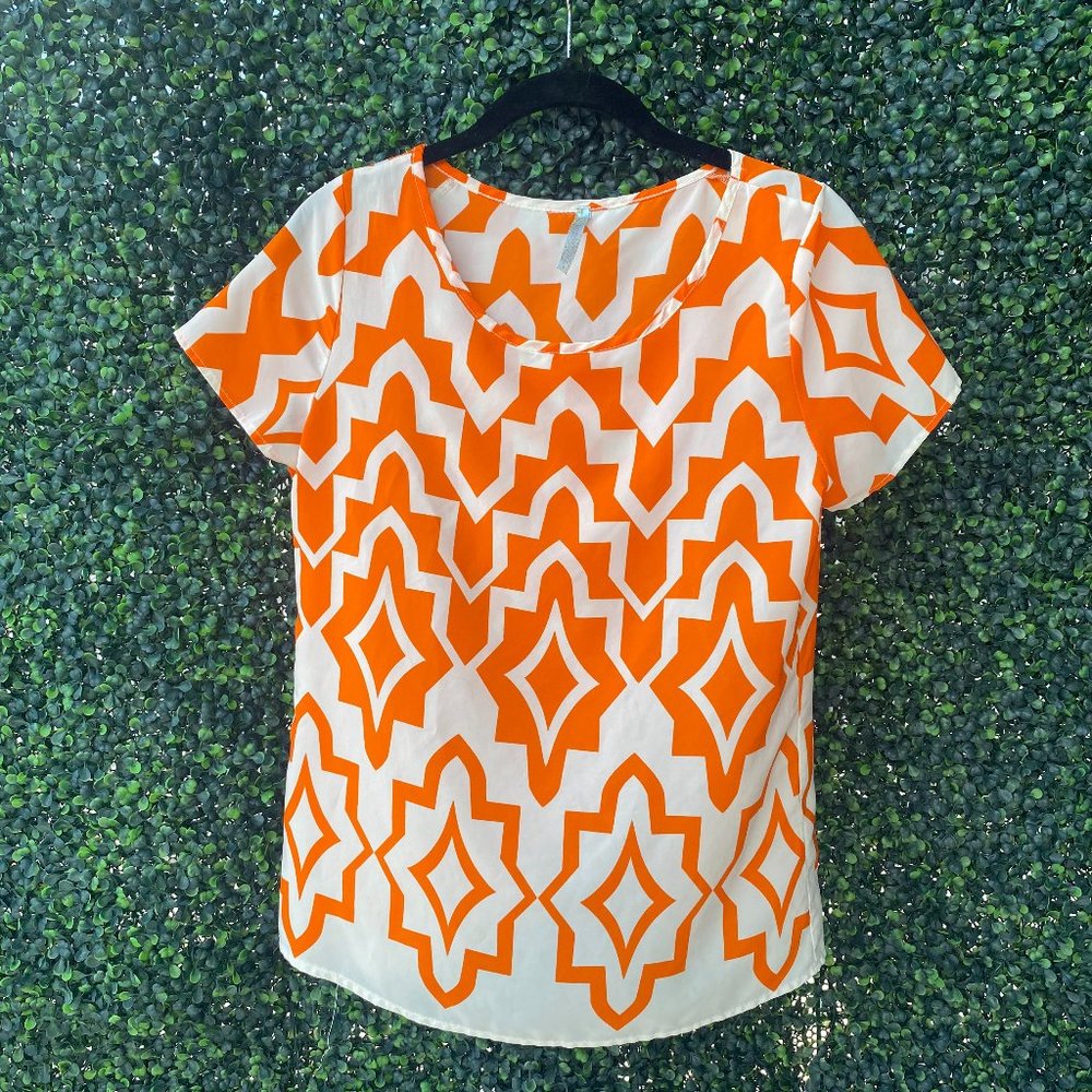 Business Casual Orange & White Geometric Pattern Blouse